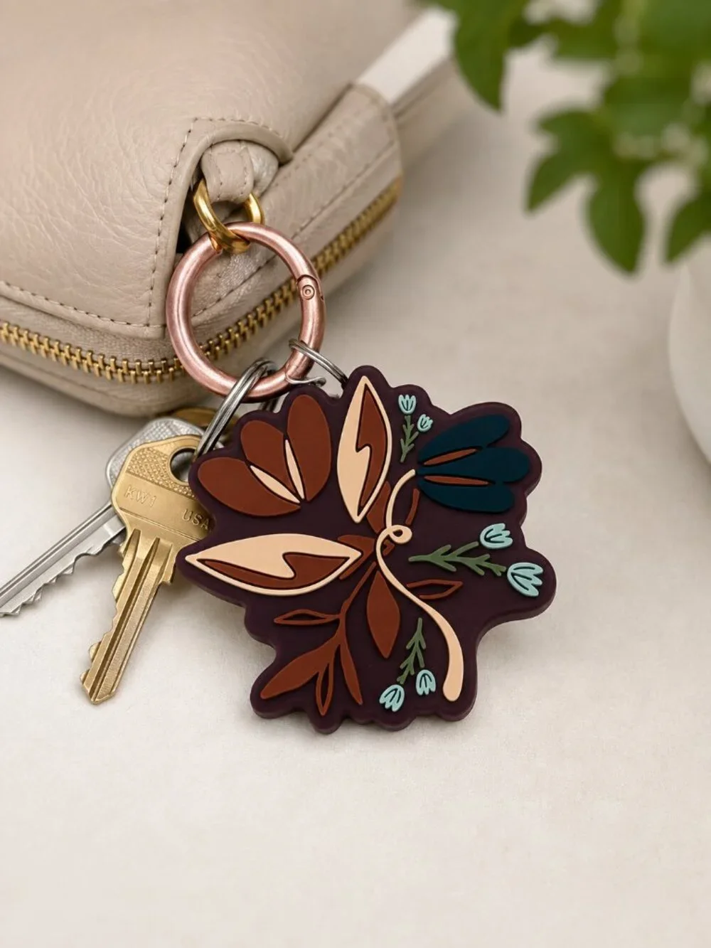 Heyday Artist Series AirTag Burgundy Keychain Holder Floral Carabiner Clip New